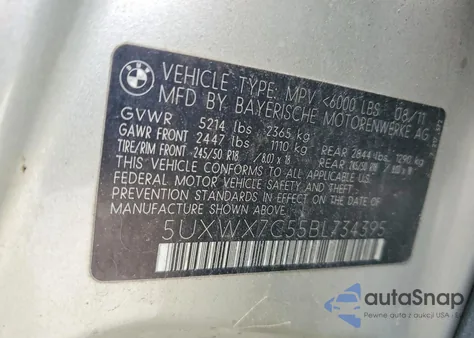 2011 BMW X3 xDrive35I z USA, uszkodzony, nr VIN 5UXWX7C55BL734395